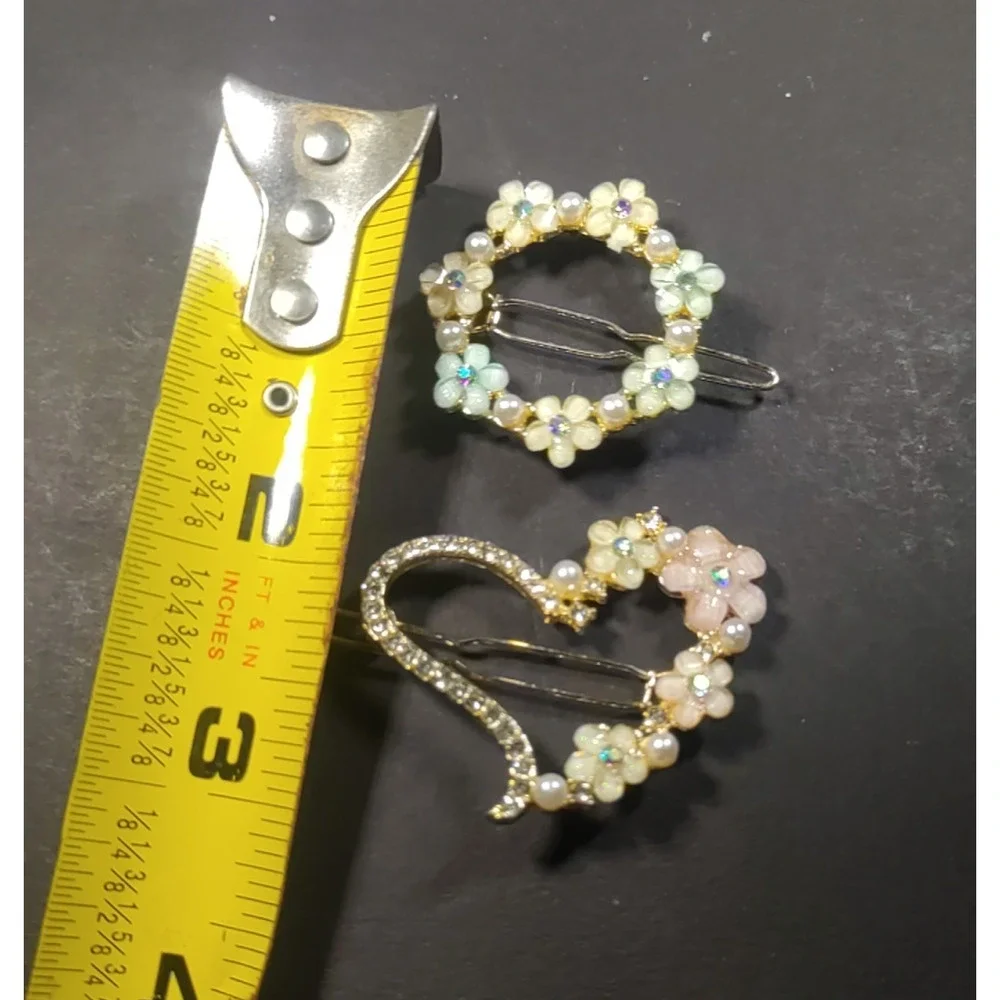Set Of 2 Hair Barrettes Heart Circle Pink Green Floral Rhinestone